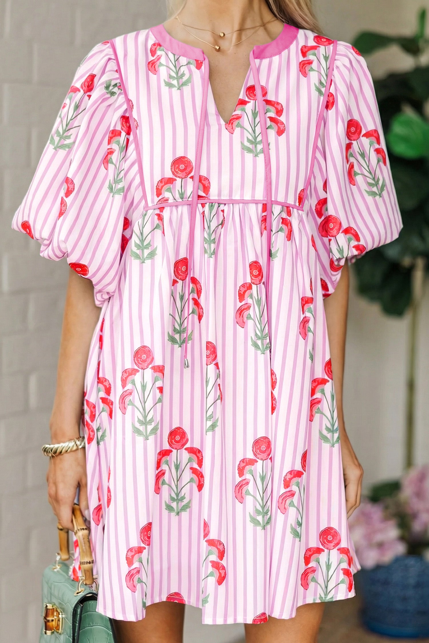 Floral Striped Tie Neck Puff Sleeve Mini Dress – Light Blue & Pink