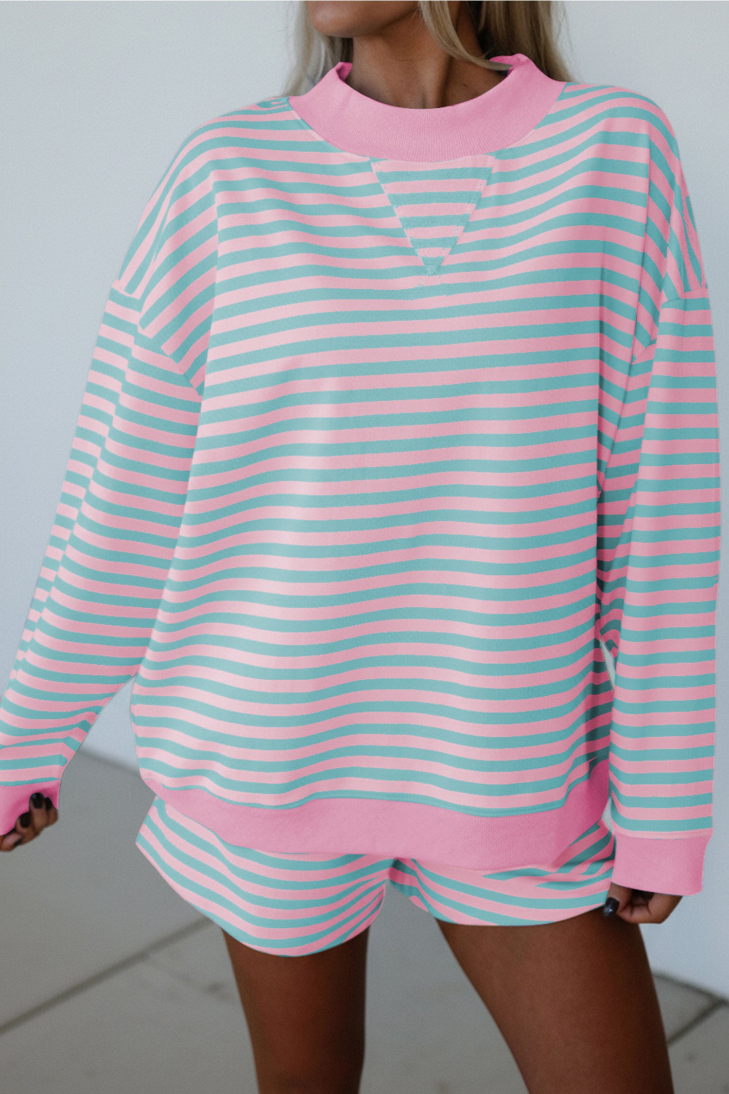 Color Block Detail Long Sleeve Pullover Elastic Waist Pull On Shorts 2pcs Set – Yellow Stripe