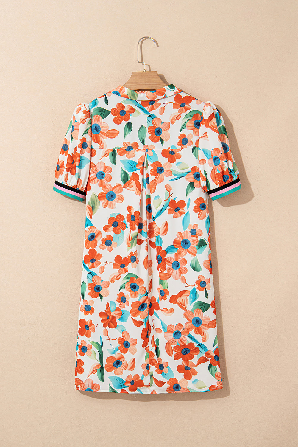 Contrast Trim Floral Split Neck Puff Short Sleeve Tiered Mini Dress eAura