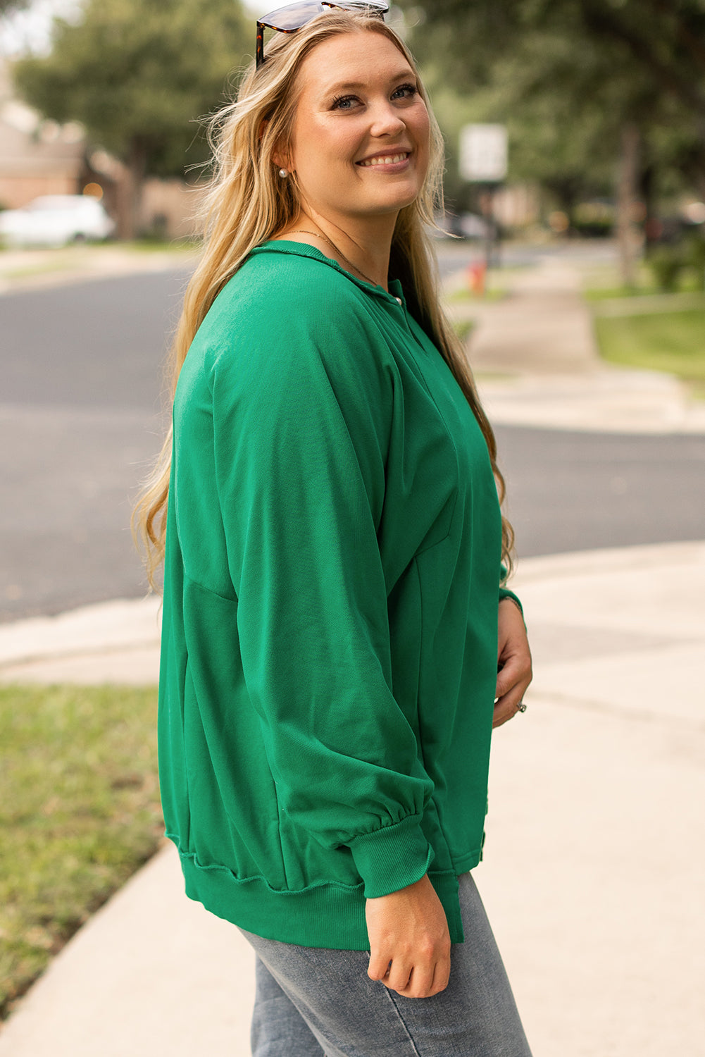 Bright Green Exposed Seam Notched Neck Drop Shoulder Plus Sweatshirt BB Fashion Outlet