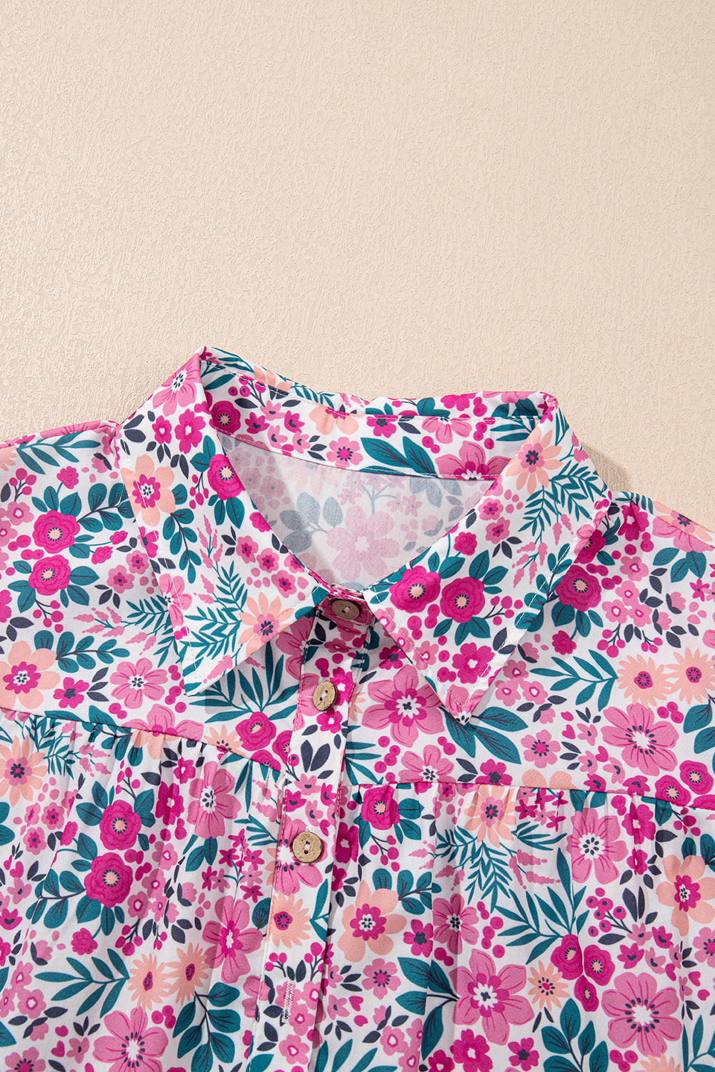 Pink Floral Collared Half Placket Short Sleeve Loose Dress eAura