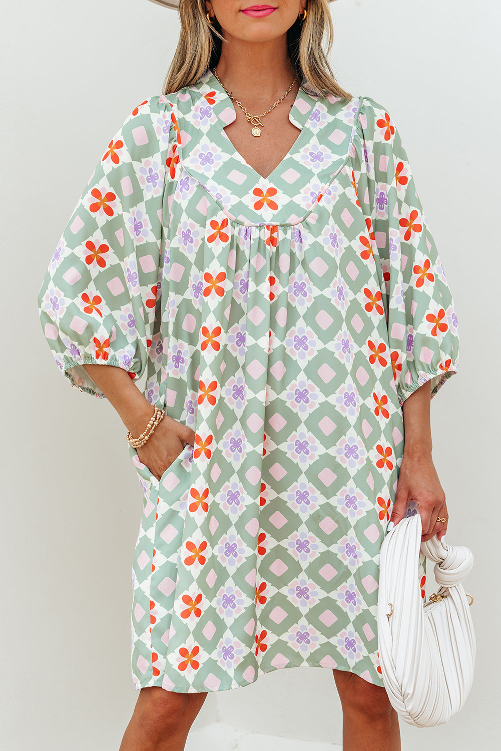 Green Geometric Floral Print 3/4 Sleeve Notched Neck Mini Dress eAura