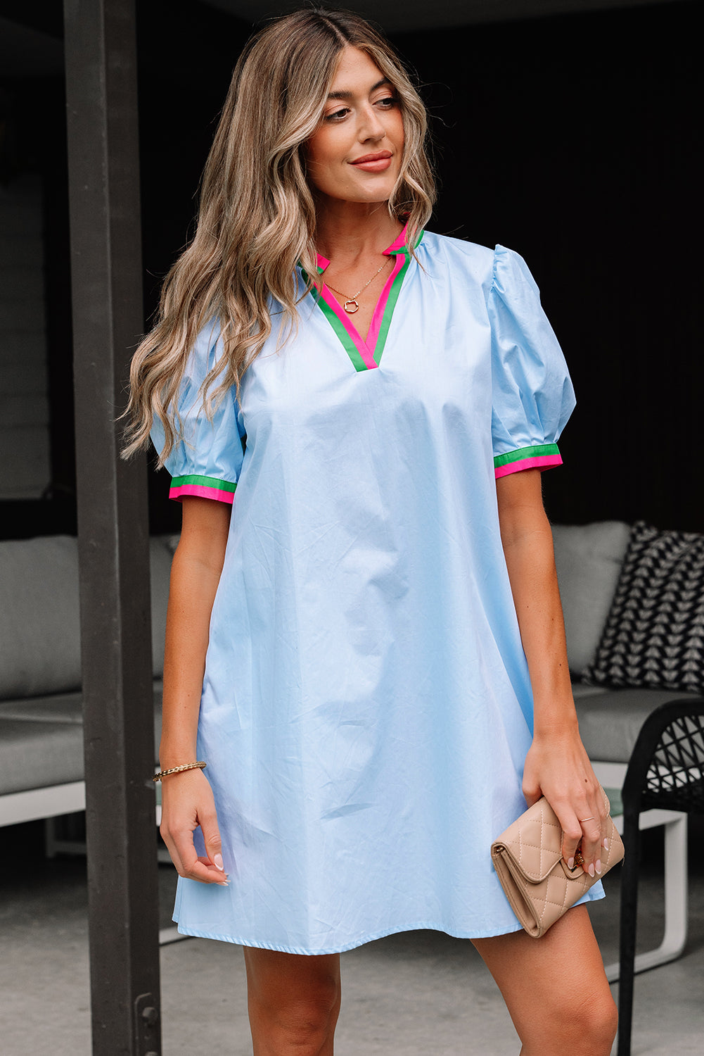 Myosotis Contrast Striped Notched V-Neck Puff Sleeve Mini Dress eAura