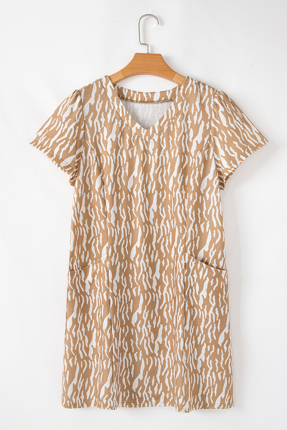 Khaki Abstract Print V Neck Short Sleeve Shift T Shirt Dress eAura