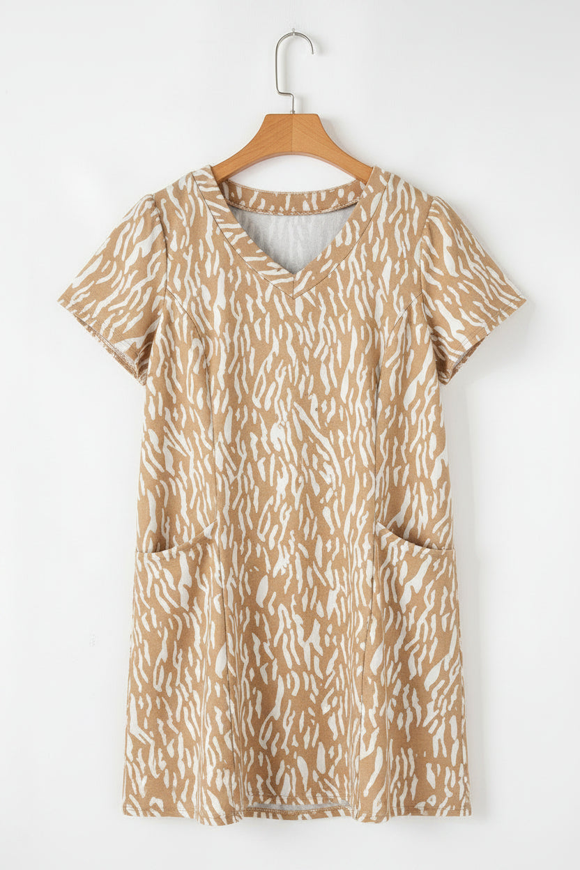 Khaki Abstract Print V Neck Short Sleeve Shift T Shirt Dress - Dresses/T Dresses