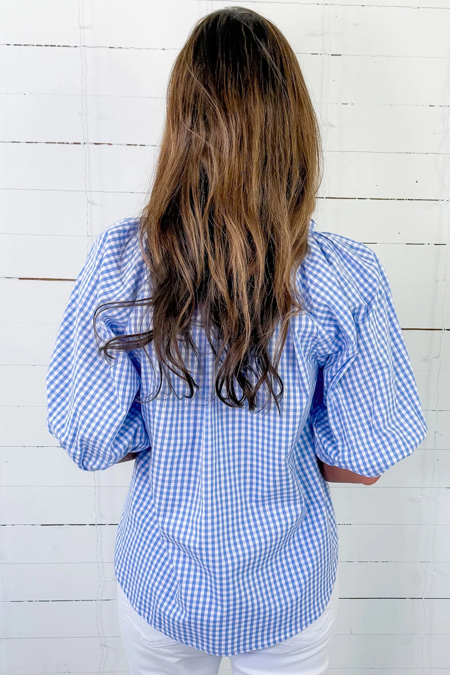 Sky Blue Summer Plaid V Neck Puff Sleeve Blouse – Light Blue