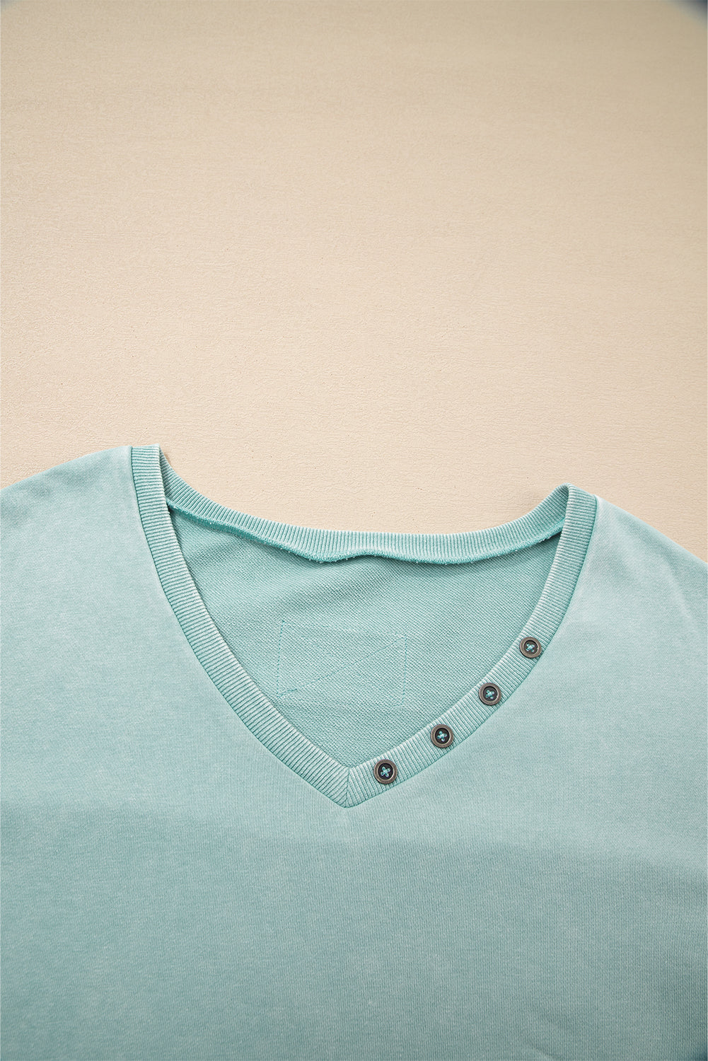 Mineral Wash Exposed Seam Buttoned V-Neck Pullover Top eAura