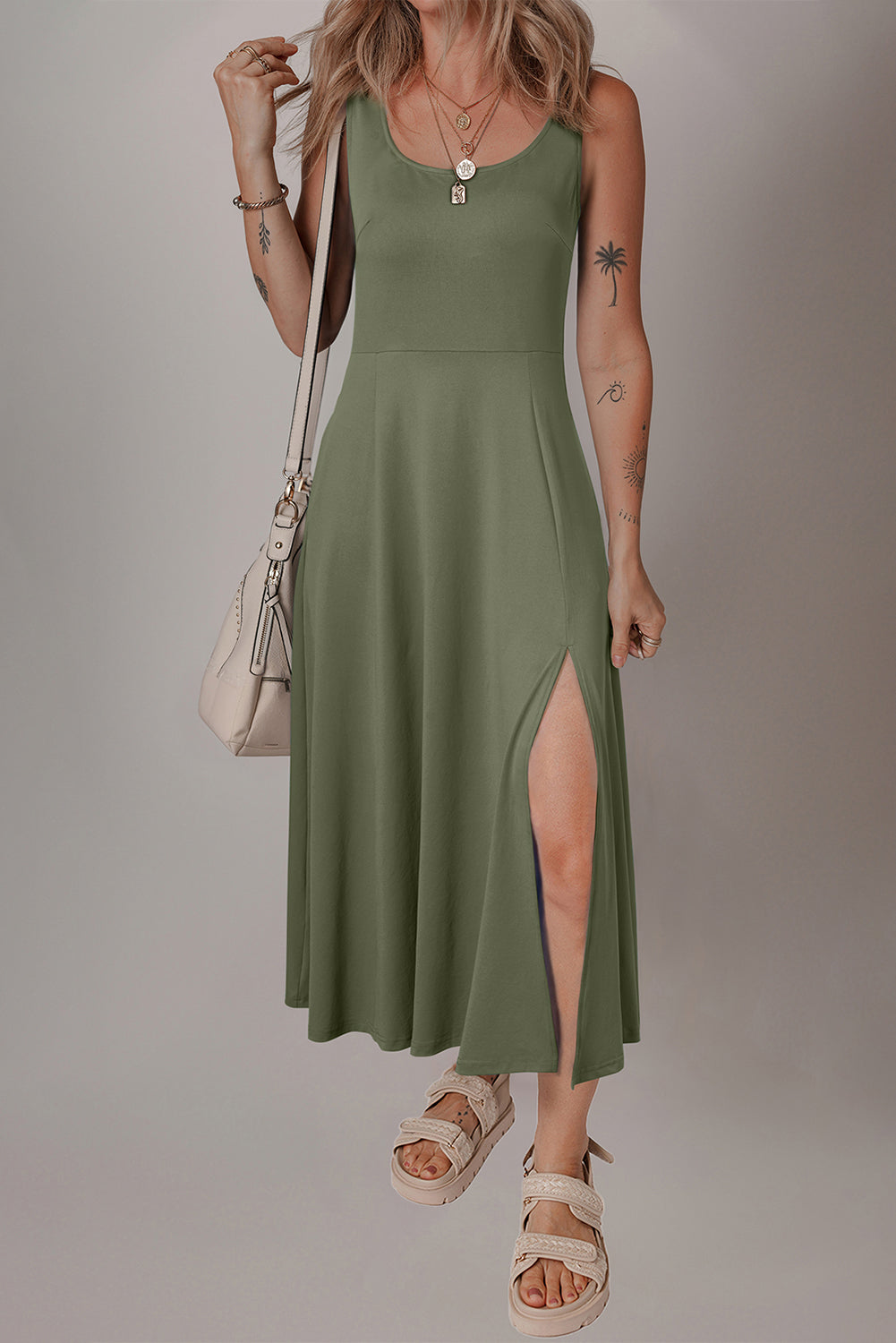 Four Leaf Clover Sleeveless Scoop Neck Flared Split Midi Dress eAura
