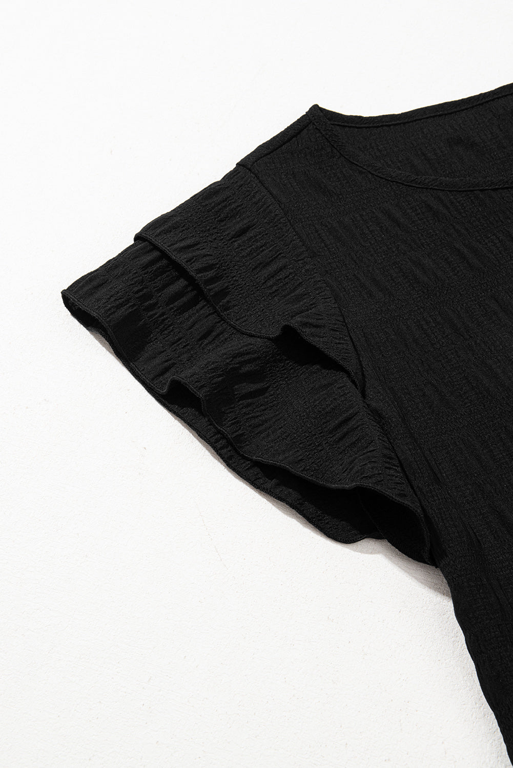 Black Textured Ruffled Sleeve Round Neck Top eAura