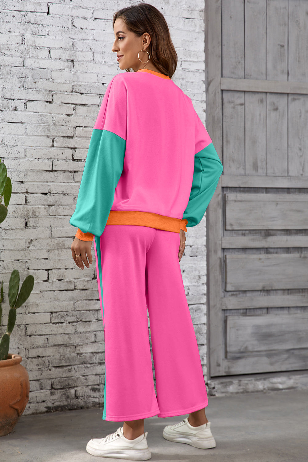 Chestnut 2pcs Color Block Pullover Loose Pant Set Dear-Lover Dropshipping
