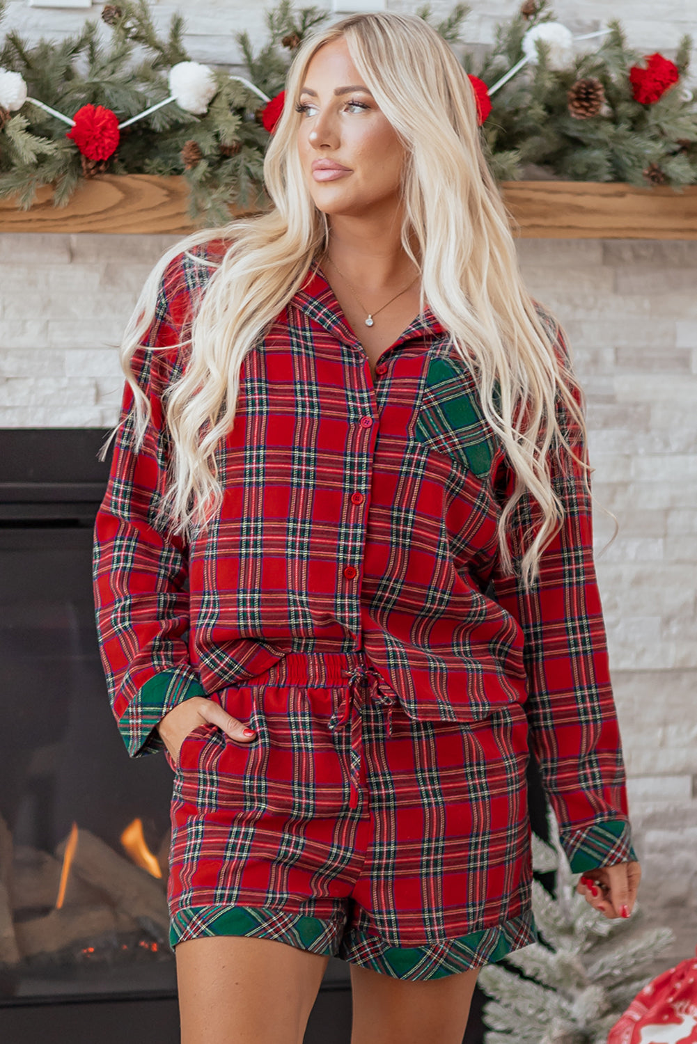 Plaid Contrast Christmas Holiday Long Sleeve Shirt and Shorts Pyjamas - eAura