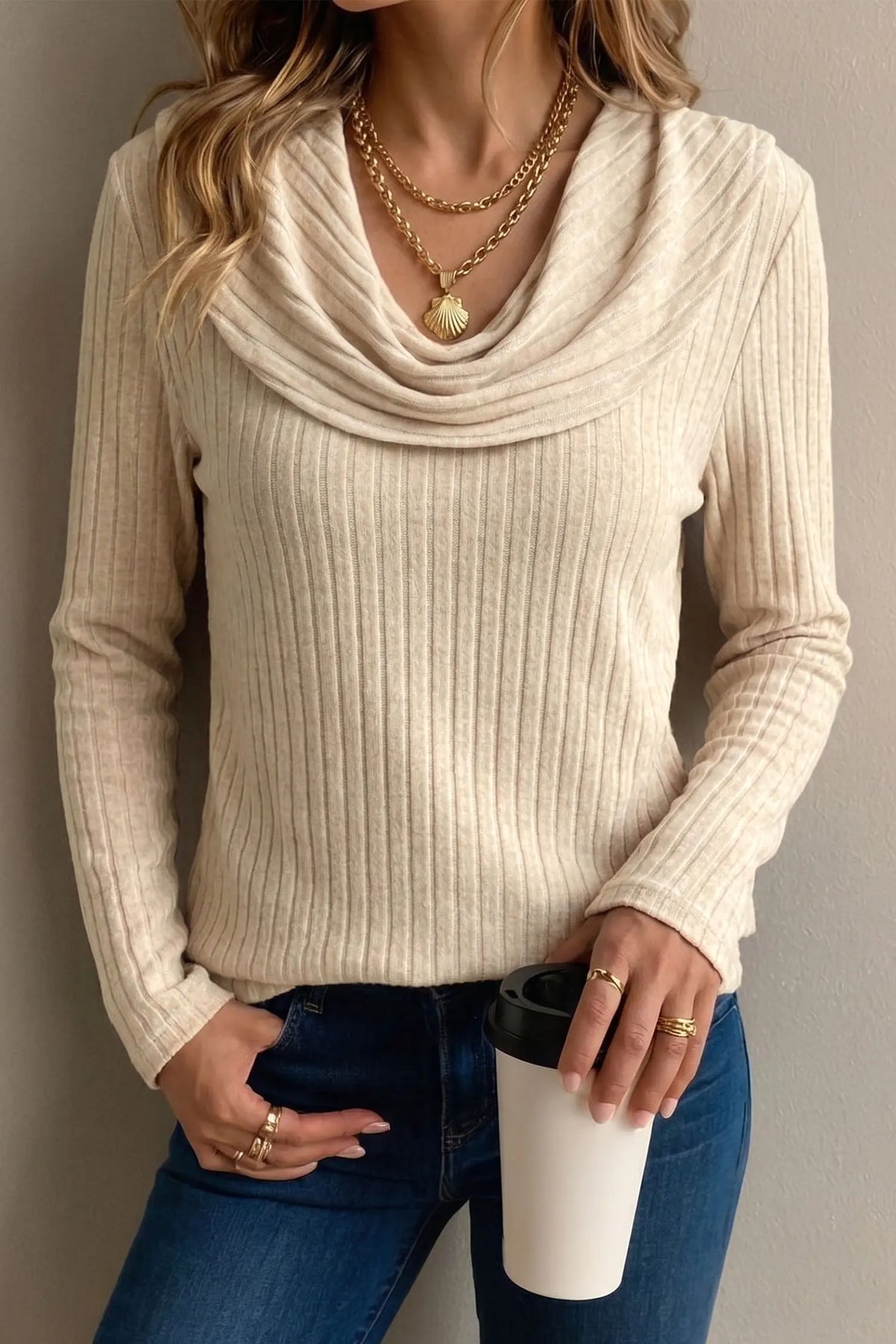 Apricot Solid Colour Ribbed Knit Cowl Neck Long Sleeve Top – Beige