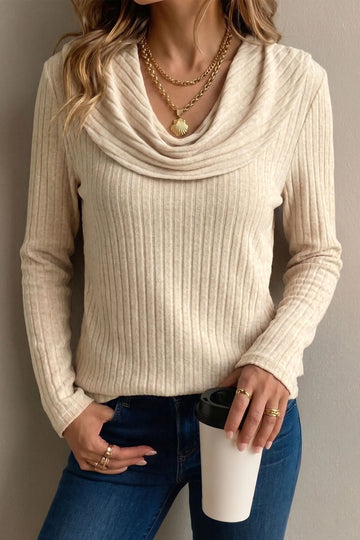 Apricot Solid Colour Ribbed Knit Cowl Neck Long Sleeve Top – Beige
