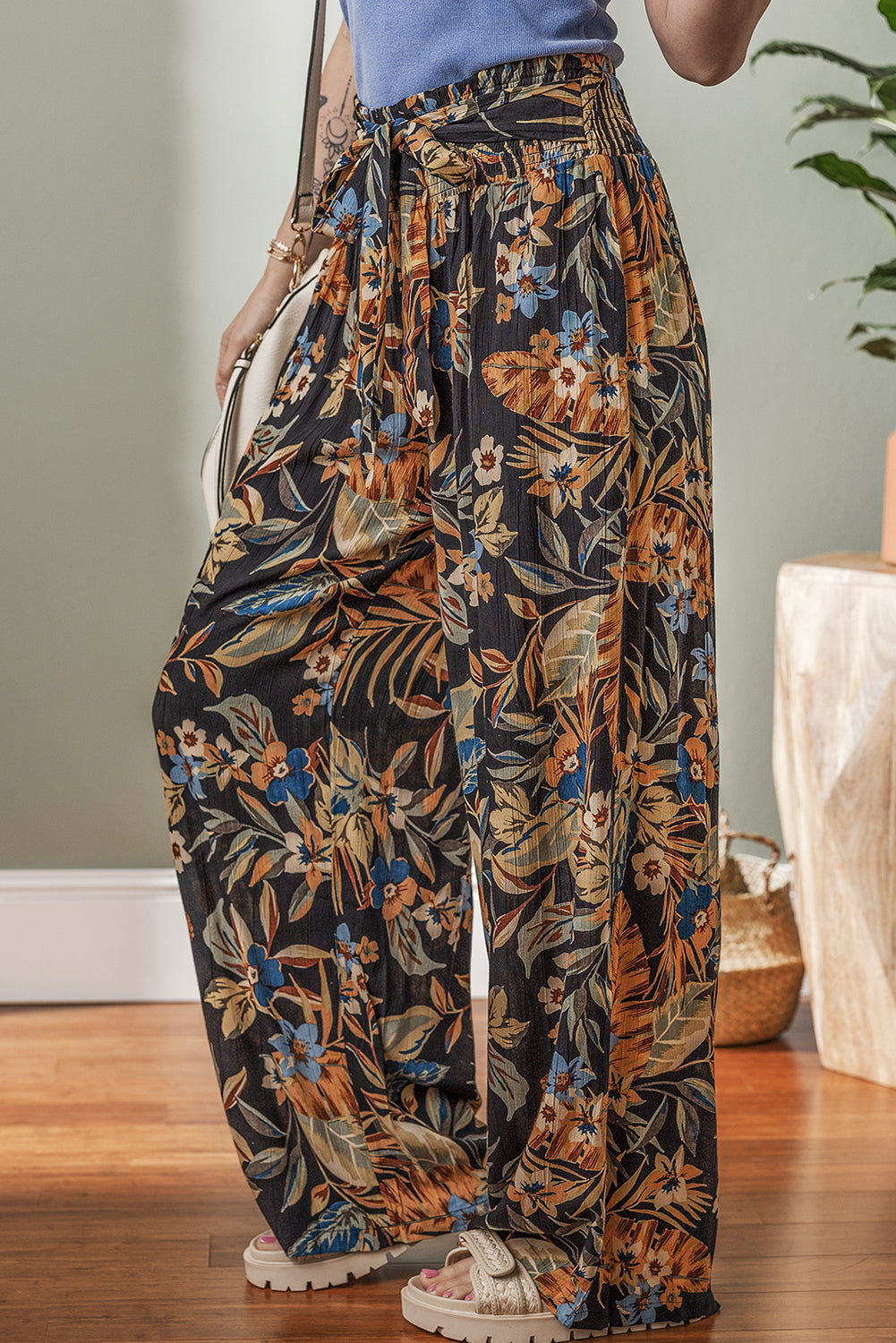 Multicolour Floral Shirred High Waist Wide Leg Trousers with Tie eAura