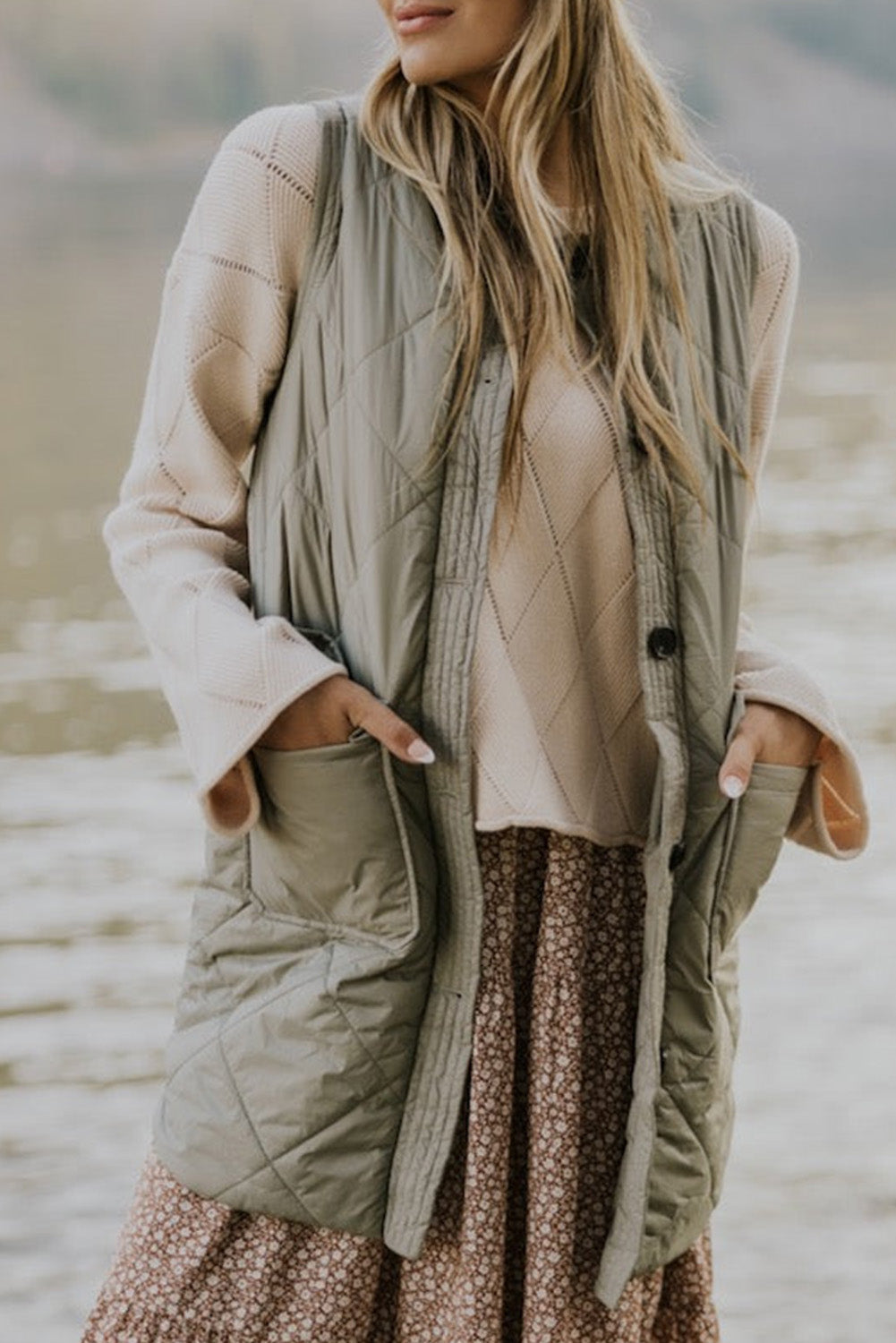 Grass Green Quilted Long Sleeveless Coat with Pockets eAura