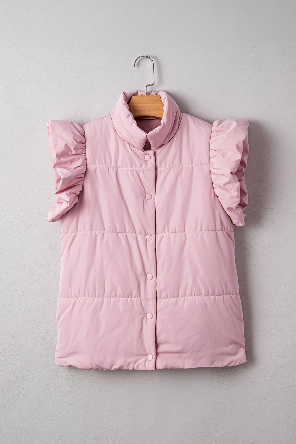 Pink Stand Neck Flutter Cap Sleeve Snap Button Puffer Vest - eAura