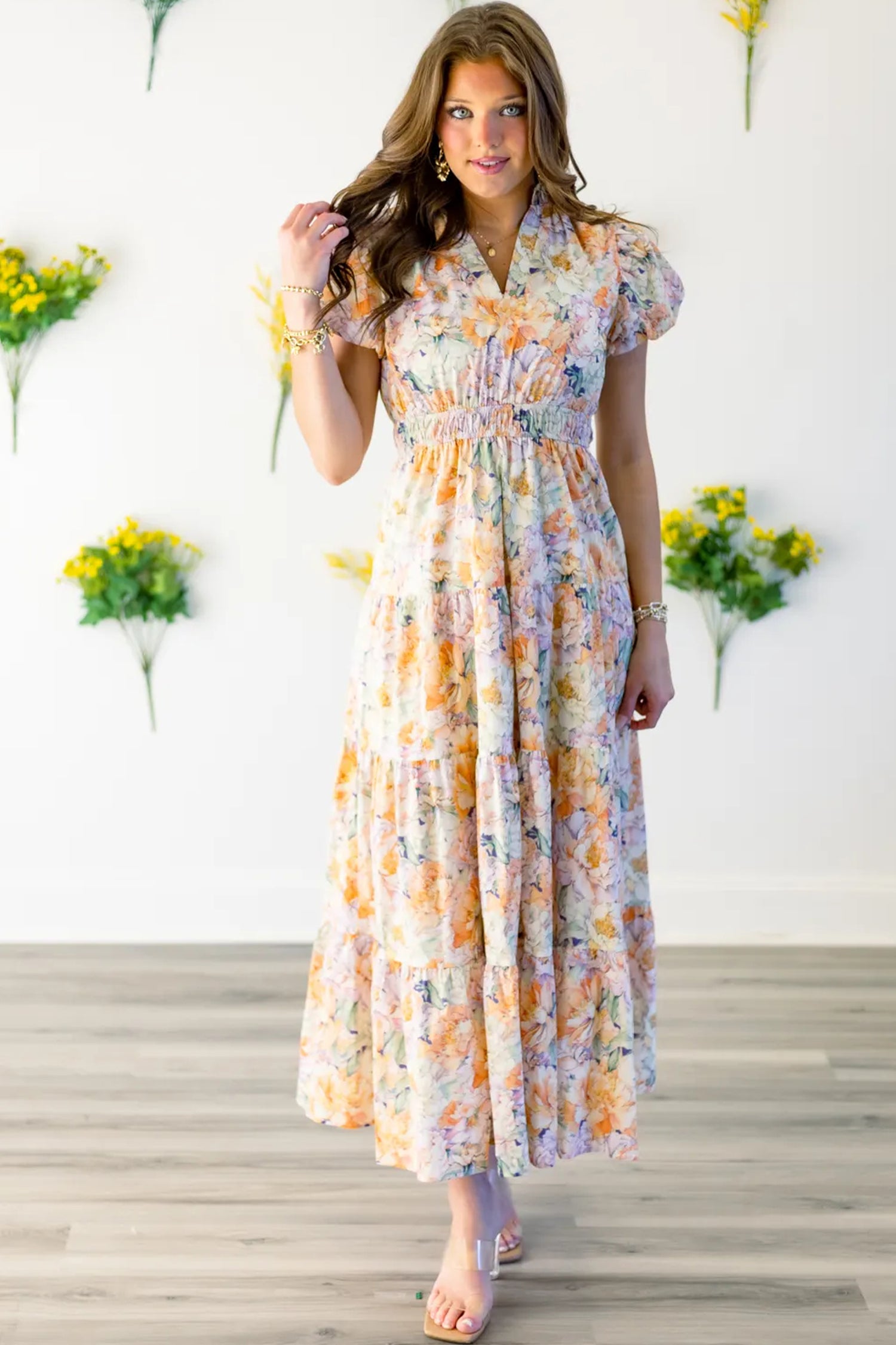 Floral Bubble Sleeve V-Neck Flared Maxi Dress