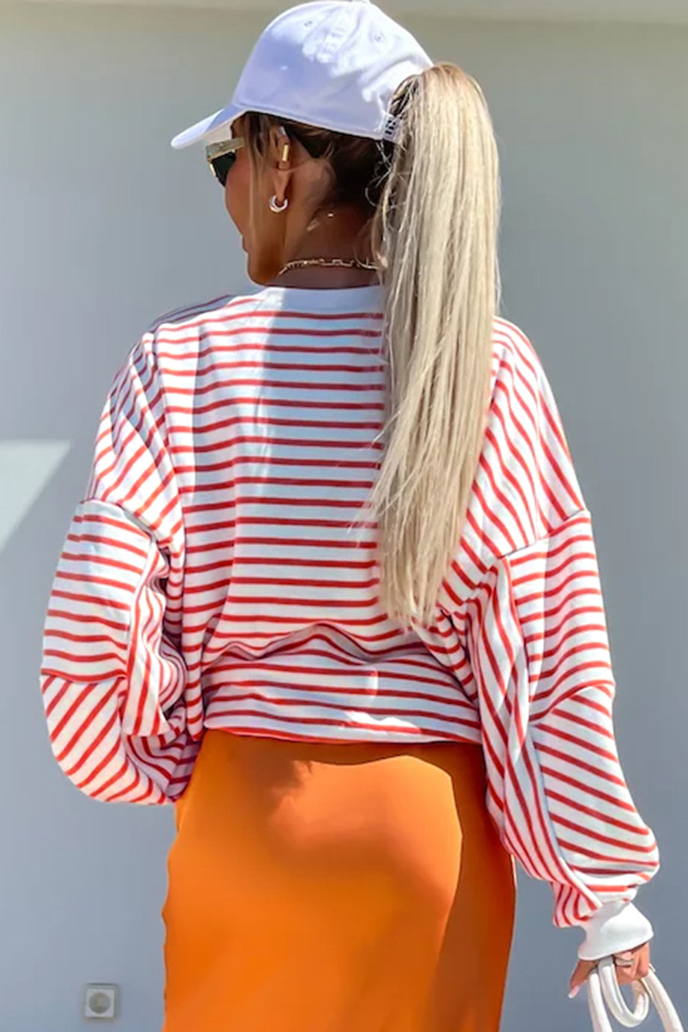 Orange Stripe Drop Shoulder Crew Neck Loose Sweatshirt eAura
