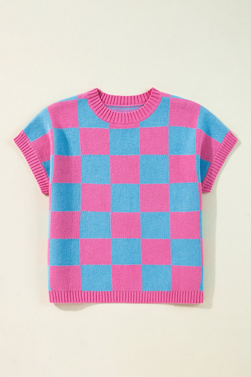 Sachet Pink Colourblock Plaid Pattern Ribbed Trim Sweater Tank Top eAura