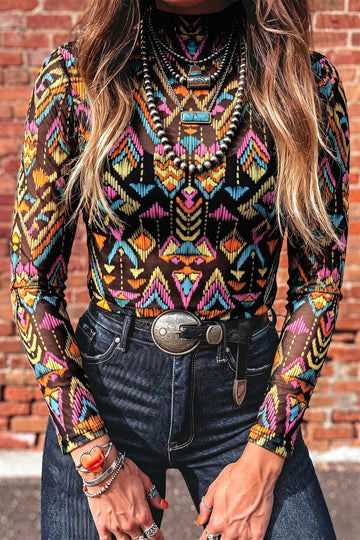 Abstract Print Long Sleeve Stand Neck Mesh Top – Color Black