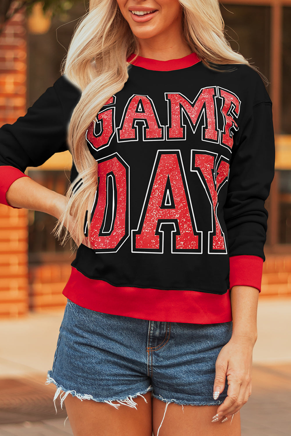 GAME DAY Letter Graphic Varsity Striped Baggy Sweatshirt - eAura
