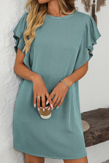 Canton Ribbed Ruffle Sleeve Crew Neck Shift Dress eAura