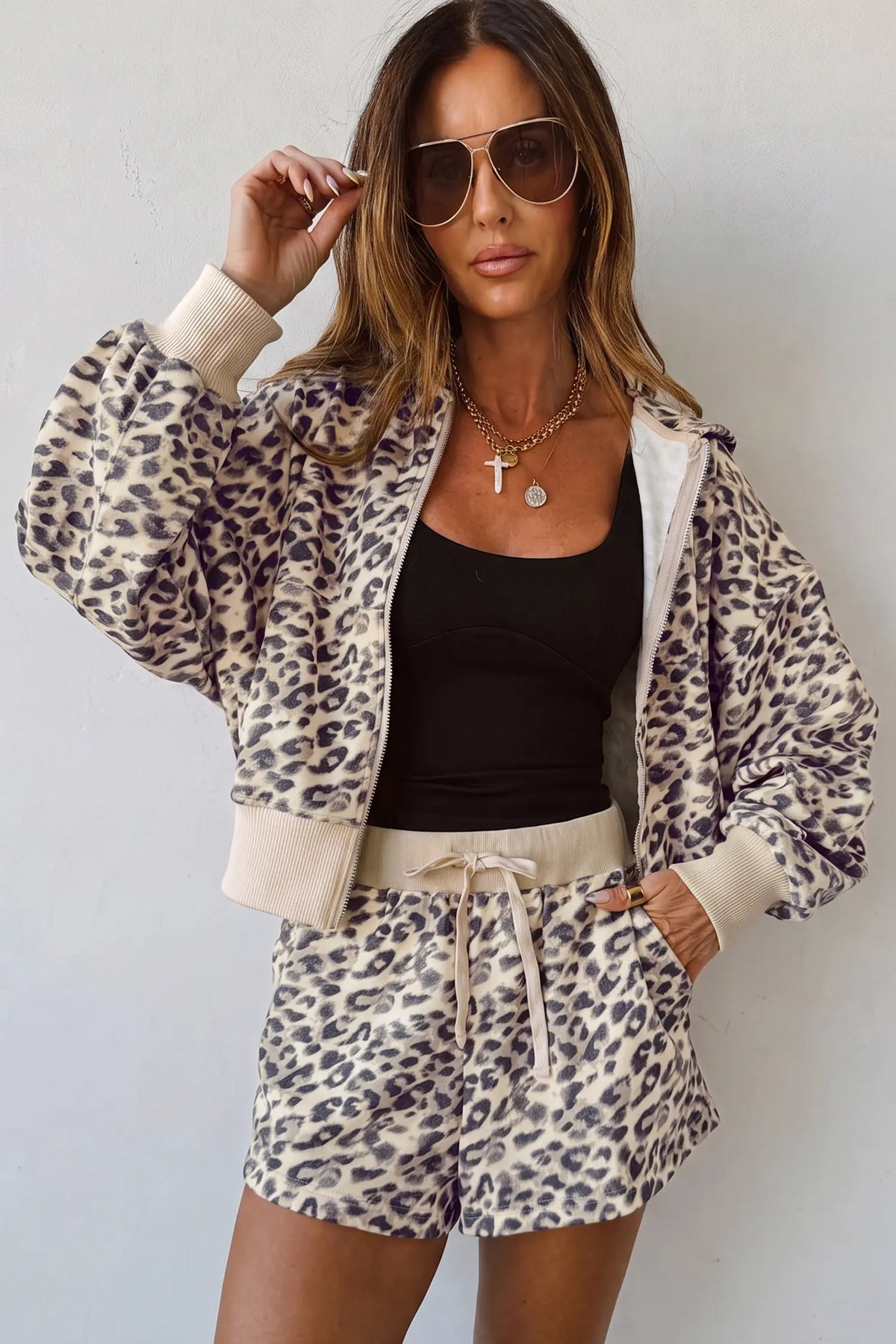 Leopard Zip-Up Hooded Drawstring Pant Set – Multicolour
