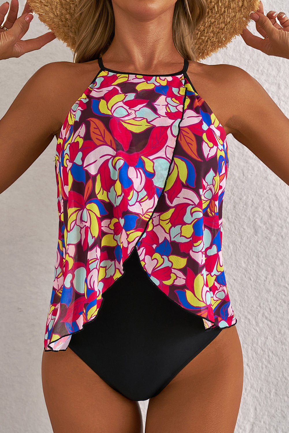 Purple Floral Print O Neck Open Back One Piece Swimsuit BB Fashion Outlet