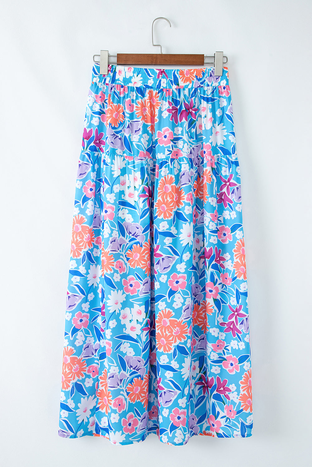 Sky Blue Floral Printed High Waist Split Wrap Long Skirt eAura