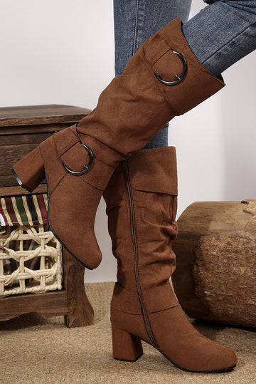 Coffee Suede Double Buckled Side Zipped Mid-calf Boots - eAura