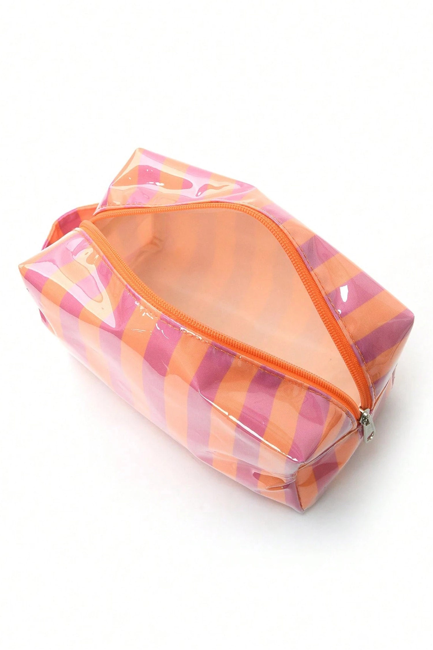 Fiery Red PVC Striped Cosmetic Bag Durable Zipper Handle Travel Organizer