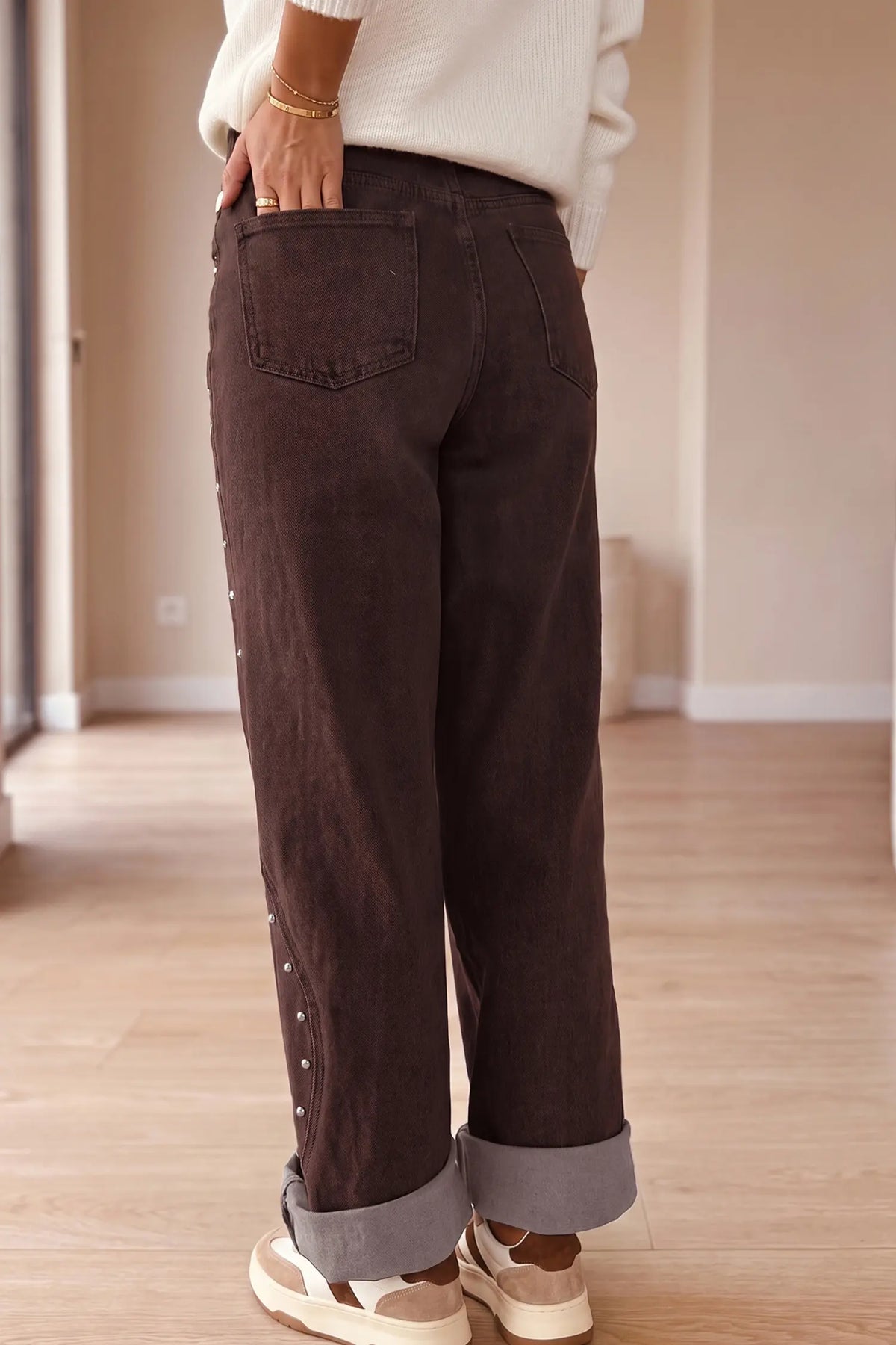 Side Seam Rivet Detail Ankle Length Casual Jeans – Coffee