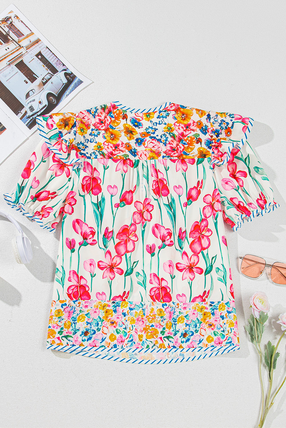 Pink Floral Print Striped Detail Split Neck Short Sleeve Blouse eAura