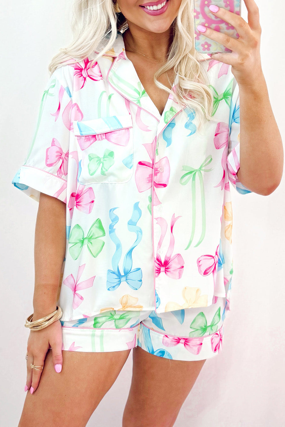 White Bowknot Print Buttoned Shirt High Waist Shorts Pyjama Set eAura