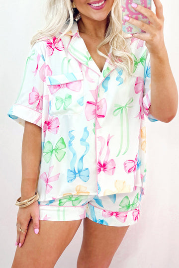 White Bowknot Print Buttoned Shirt High Waist Shorts Pyjama Set eAura