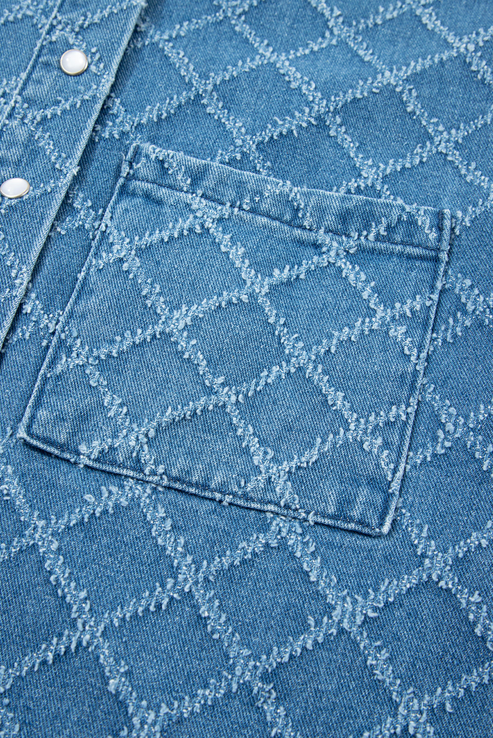 Dusk Blue Checkered Textured Short Sleeve Patched Pocket Denim Shirt eAura