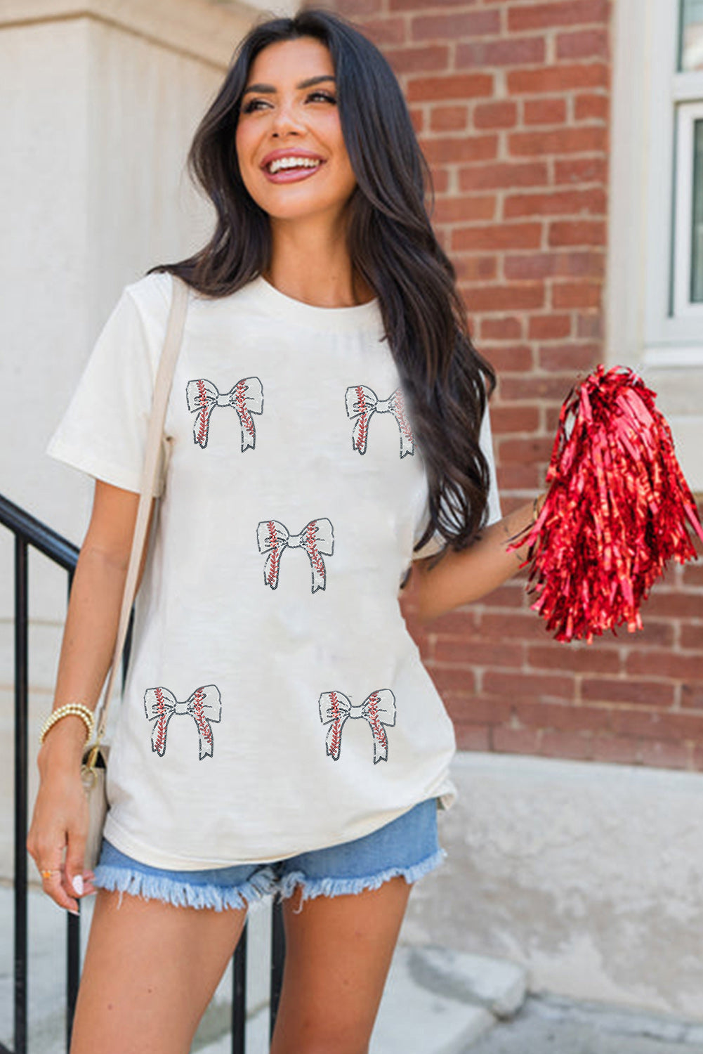 White Glitter Baseball Bow Patched Cotton Blend T-Shirt eAura