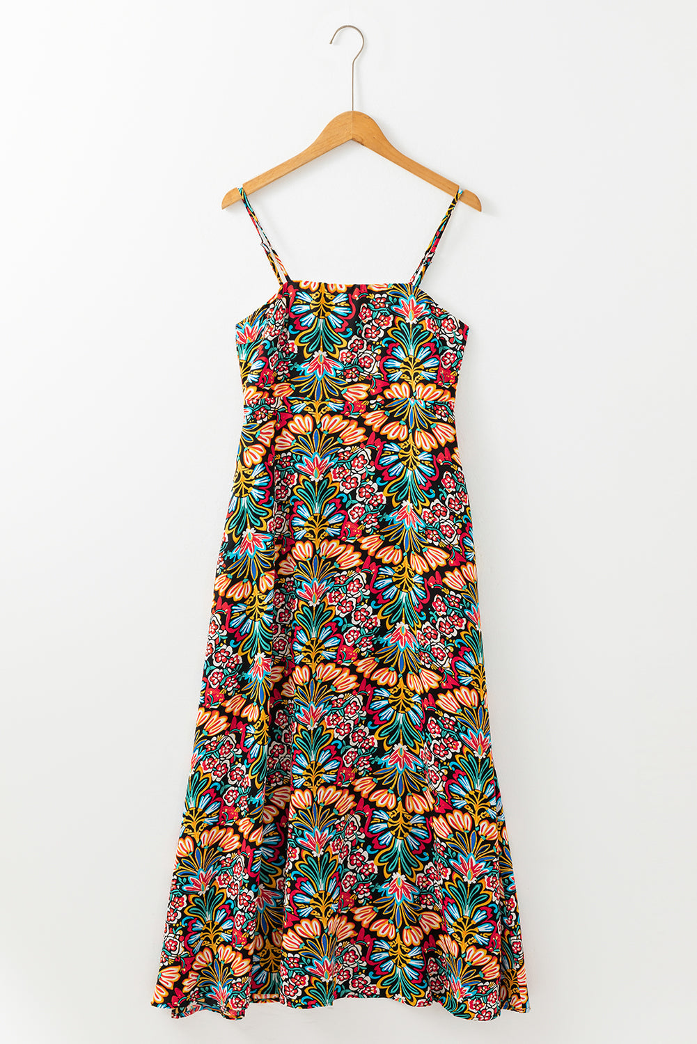 Black Boho Floral Print Thin Straps Sleeveless High Waist Maxi Dress eAura