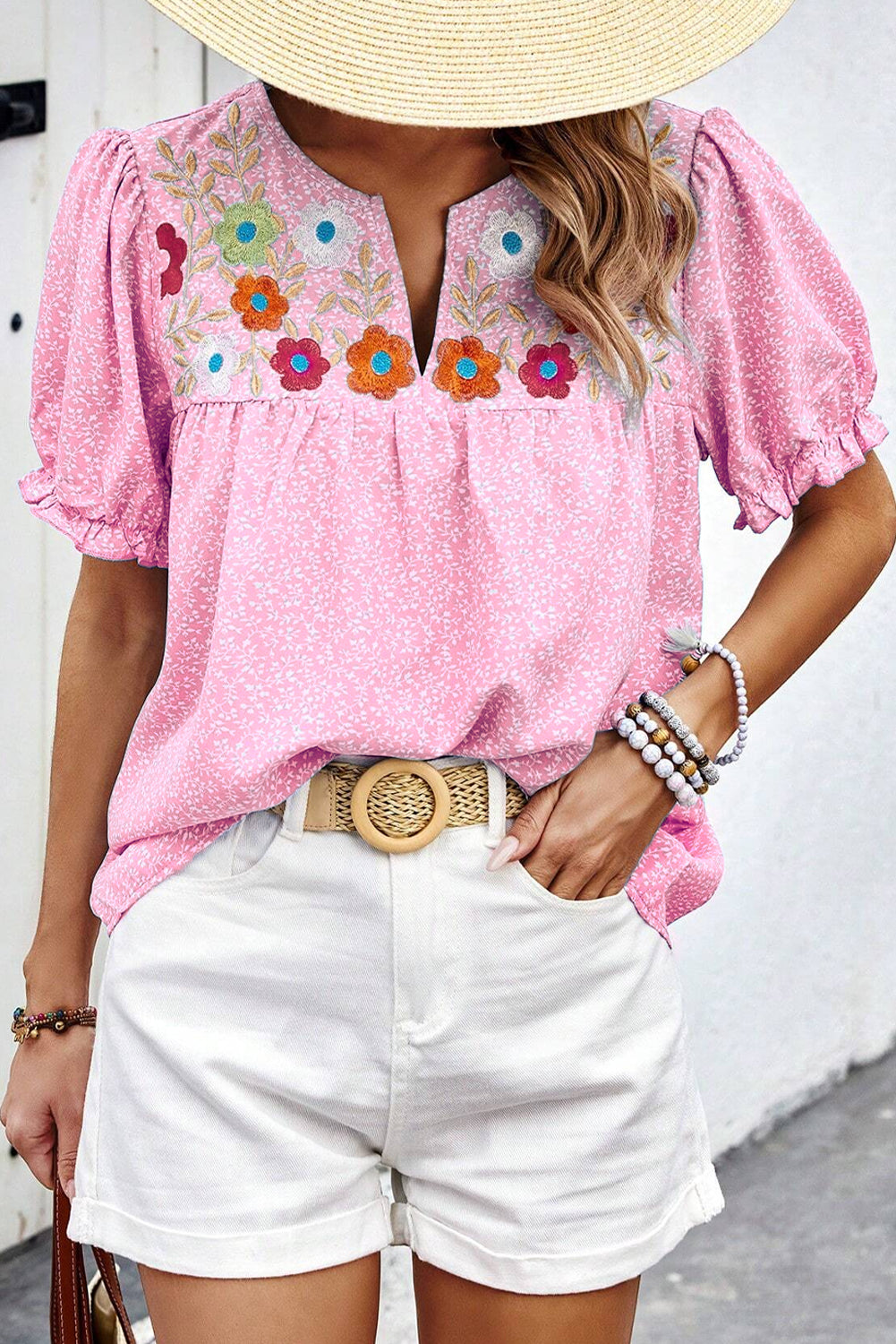 Pink Floral Embroidered Puff Sleeve Notched V-Neck Blouse eAura