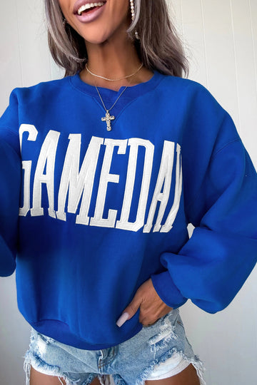 Sky Blue GAMEDAY Embroidered Patch Pattern Casual Shift Sweatshirt – Light Blue