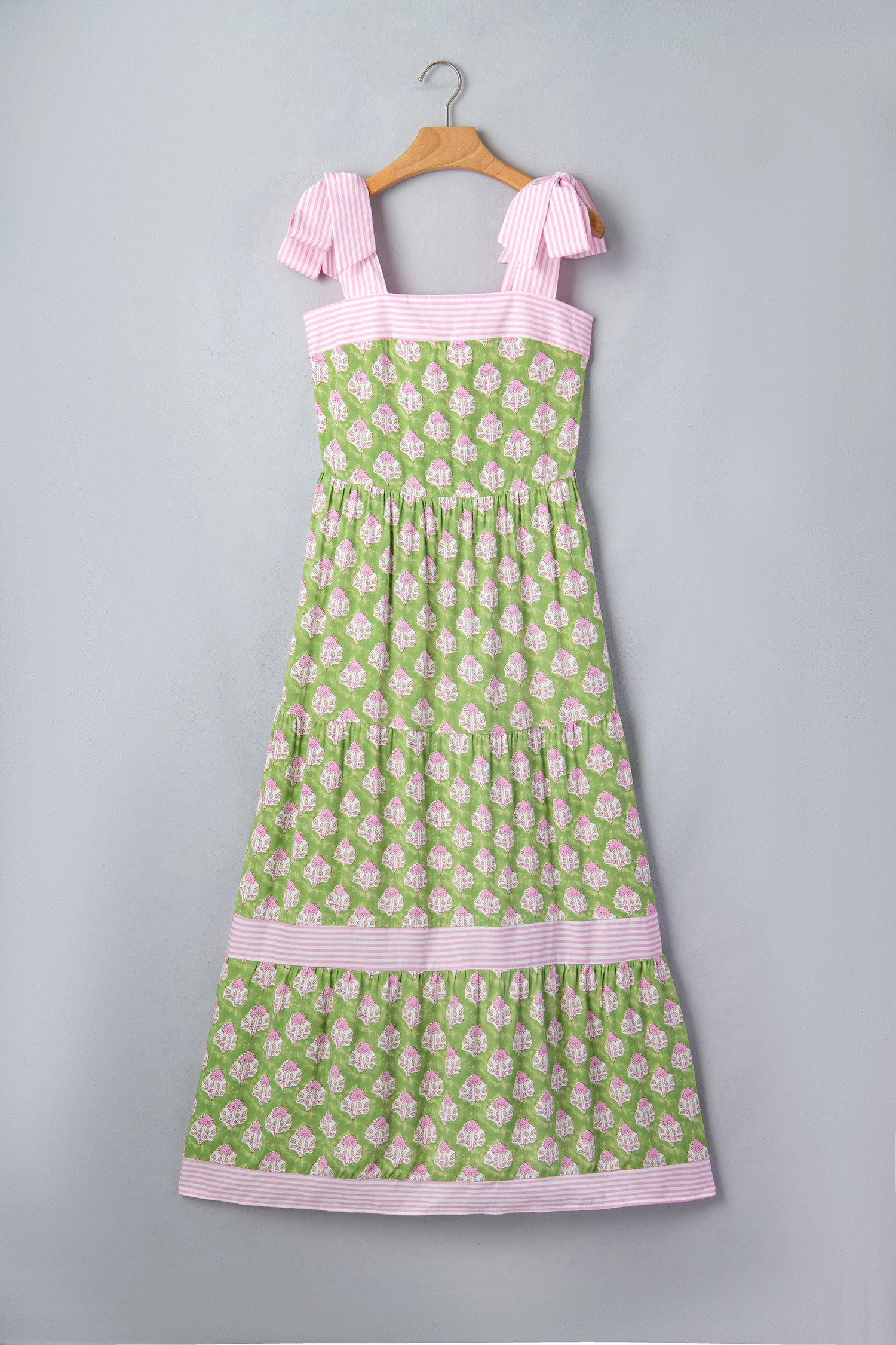 Floral Print Striped Knot Strap Maxi Dress – Green