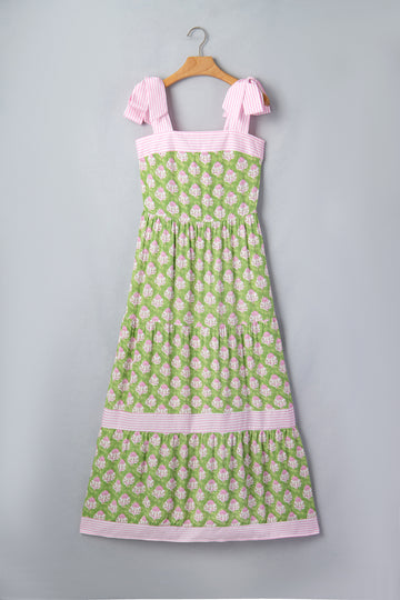 Floral Print Striped Knot Strap Maxi Dress – Green