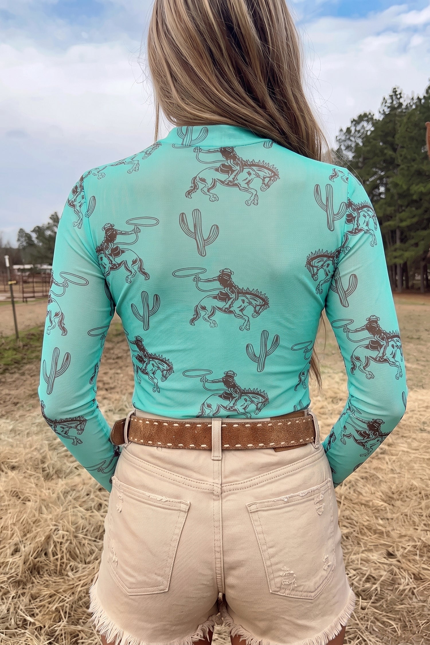Western Print High Neck Long Sleeve Sheath Mesh Top – Aruba Blue