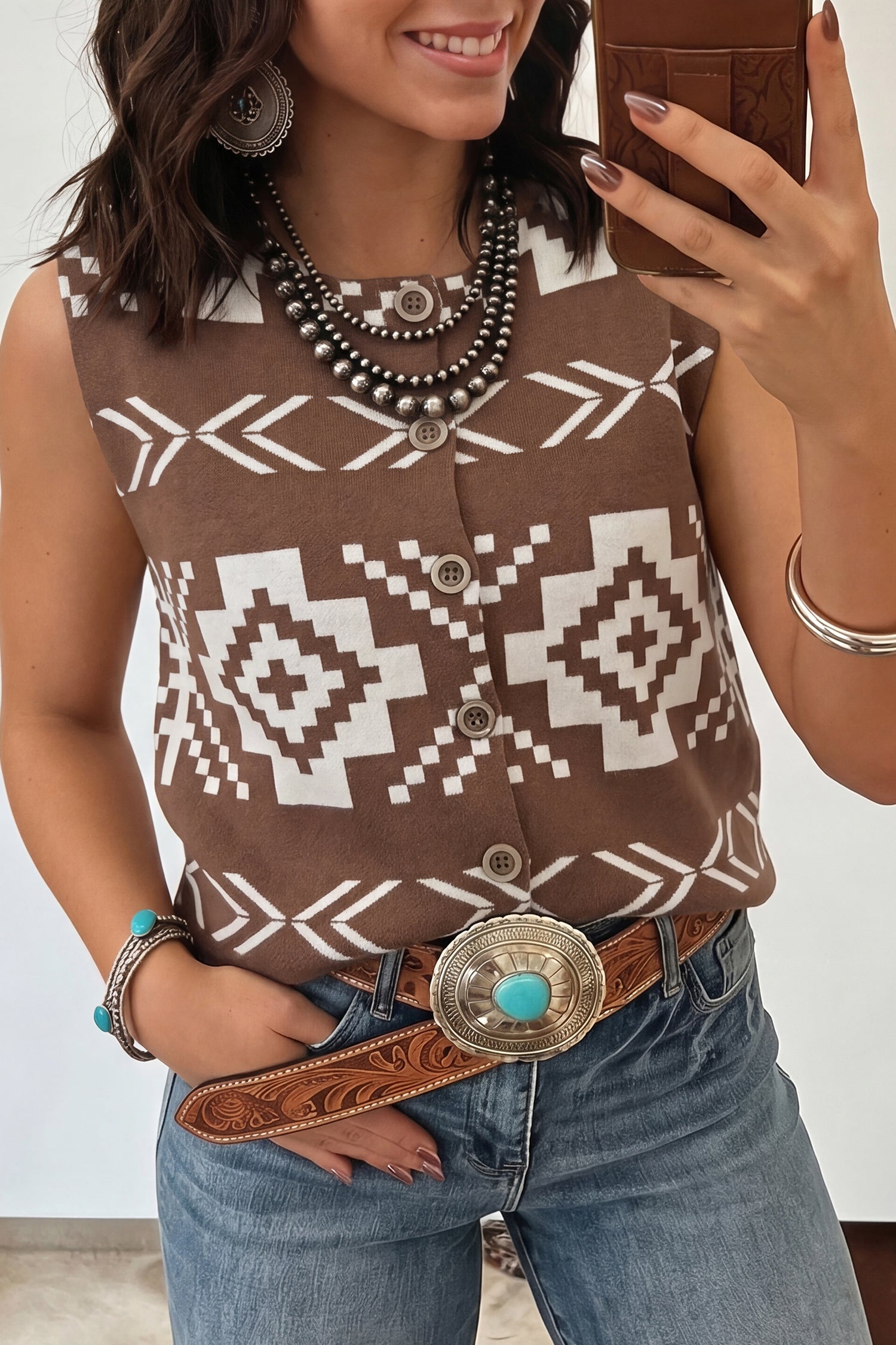Brown Aztec Button Square Neck Sweater Vest