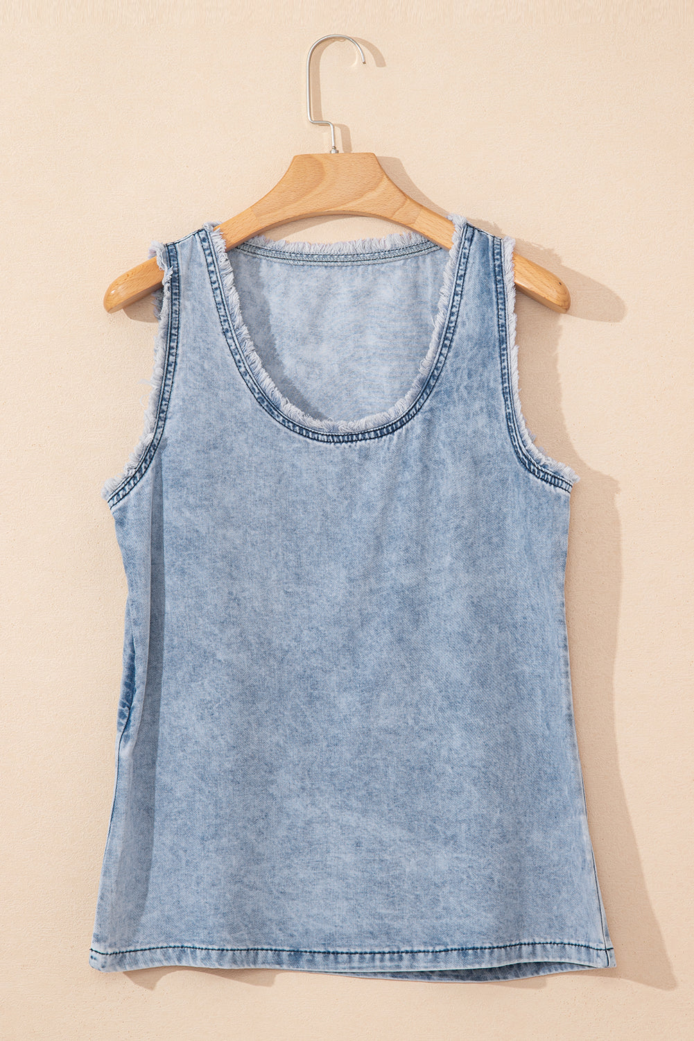 Beau Blue Mineral Wash Denim Frayed Scoop Sleeveless Top eAura