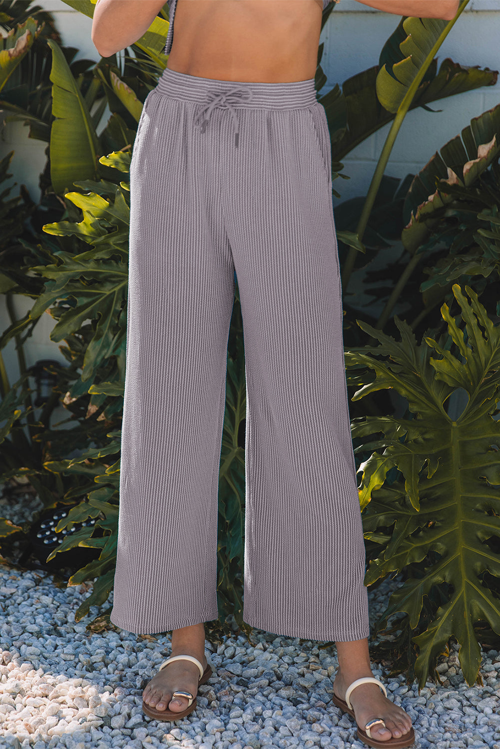 Bright Pink Solid Ribbed Knit Short Sleeve T Shirt and Wide Leg Trousers Set eAura