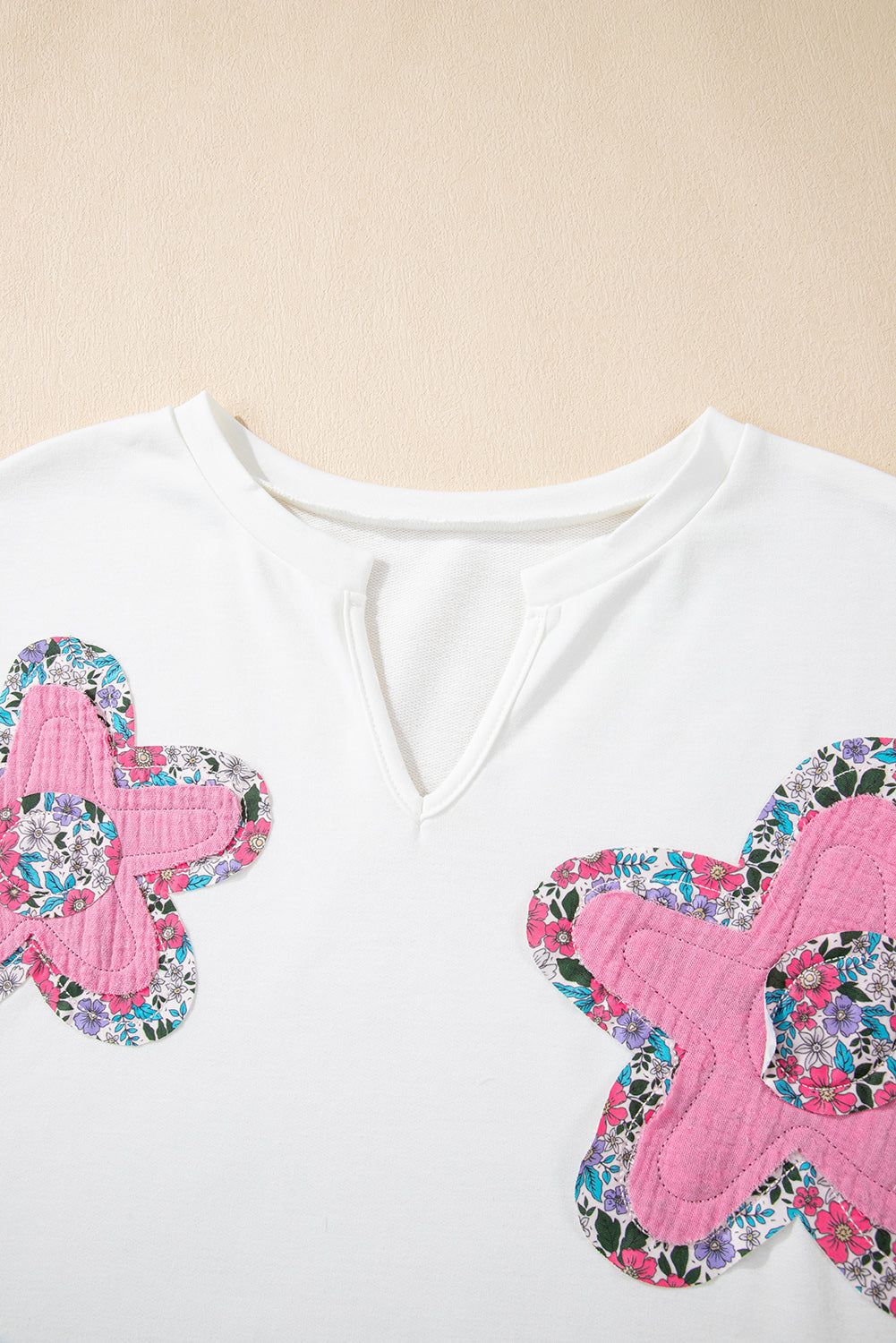 White Floral Applique Notched V Neck Dolman Sleeve Top eAura