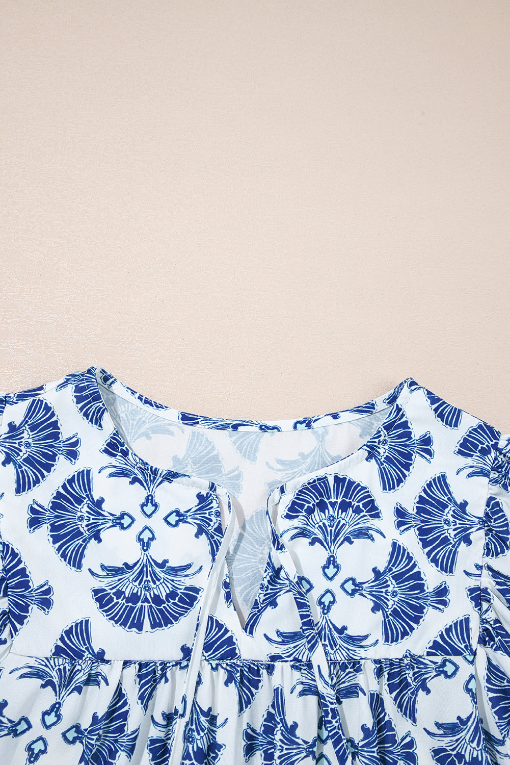 Blue Geometric Print Tassel Drawstring V-Neck Blouse eAura