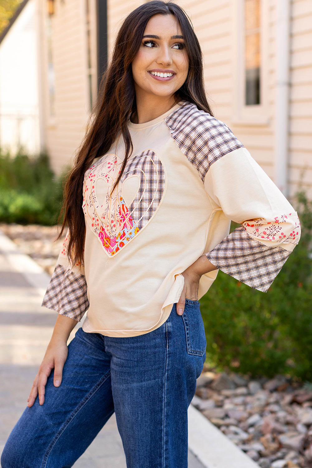 Clearly Aqua Plaid Floral Peace Heart Graphic Wide Long Sleeve Top Beagle Boutique Fashion Outlet
