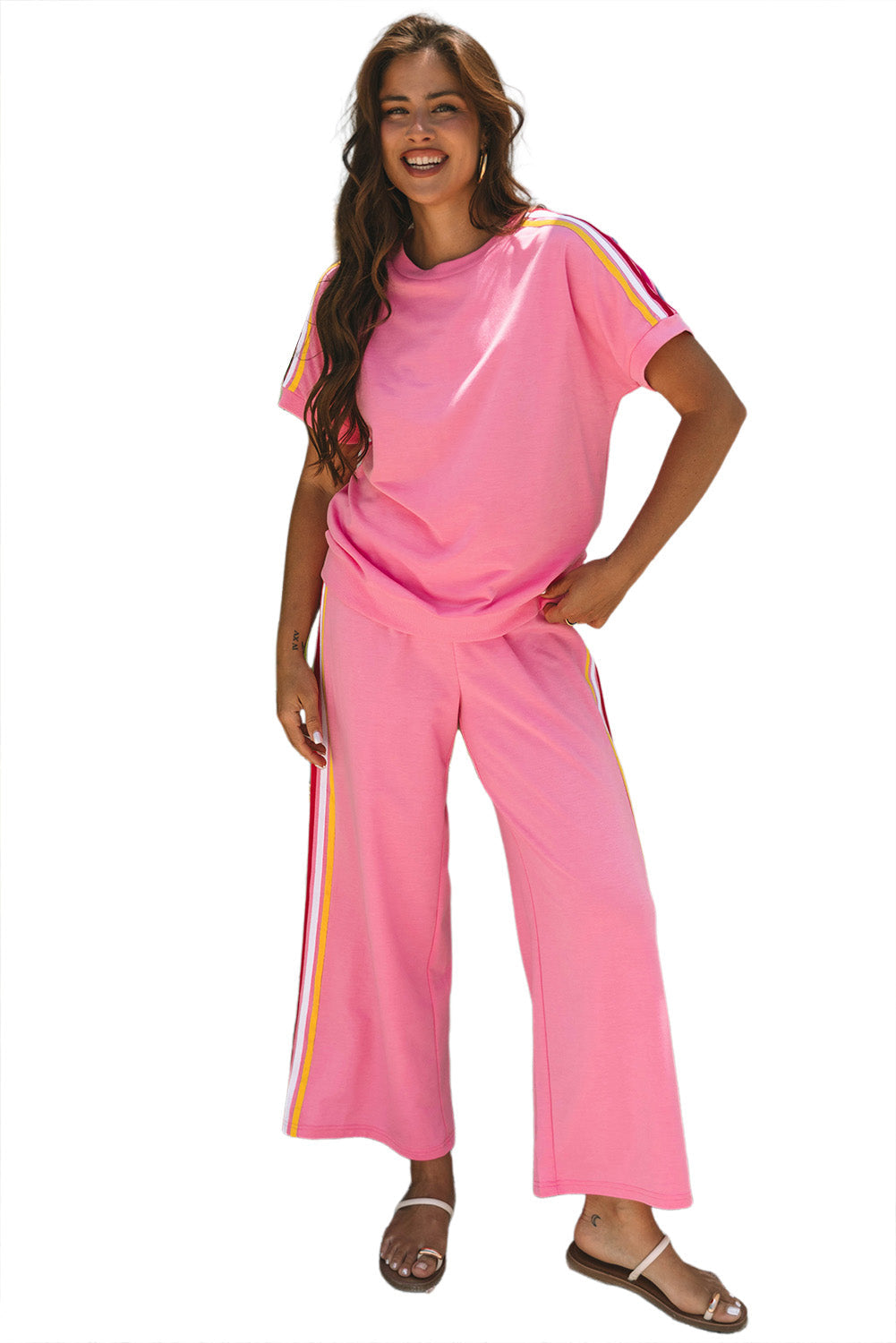 Contrast Crewneck T Shirt and Wide Leg High Waist Trousers Co-ord eAura